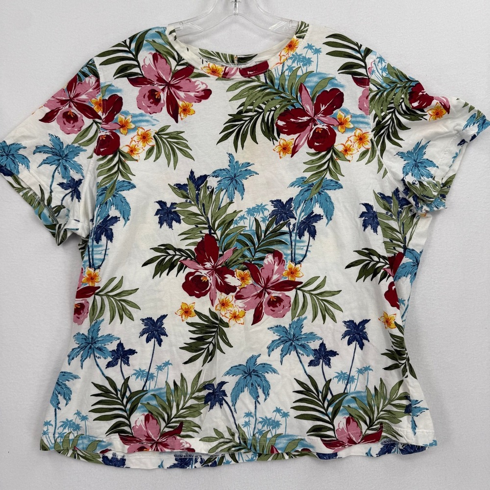 Hot Cotton Shirt Women 1X White Tropical Palm Floral Short Sleeve Made in USA